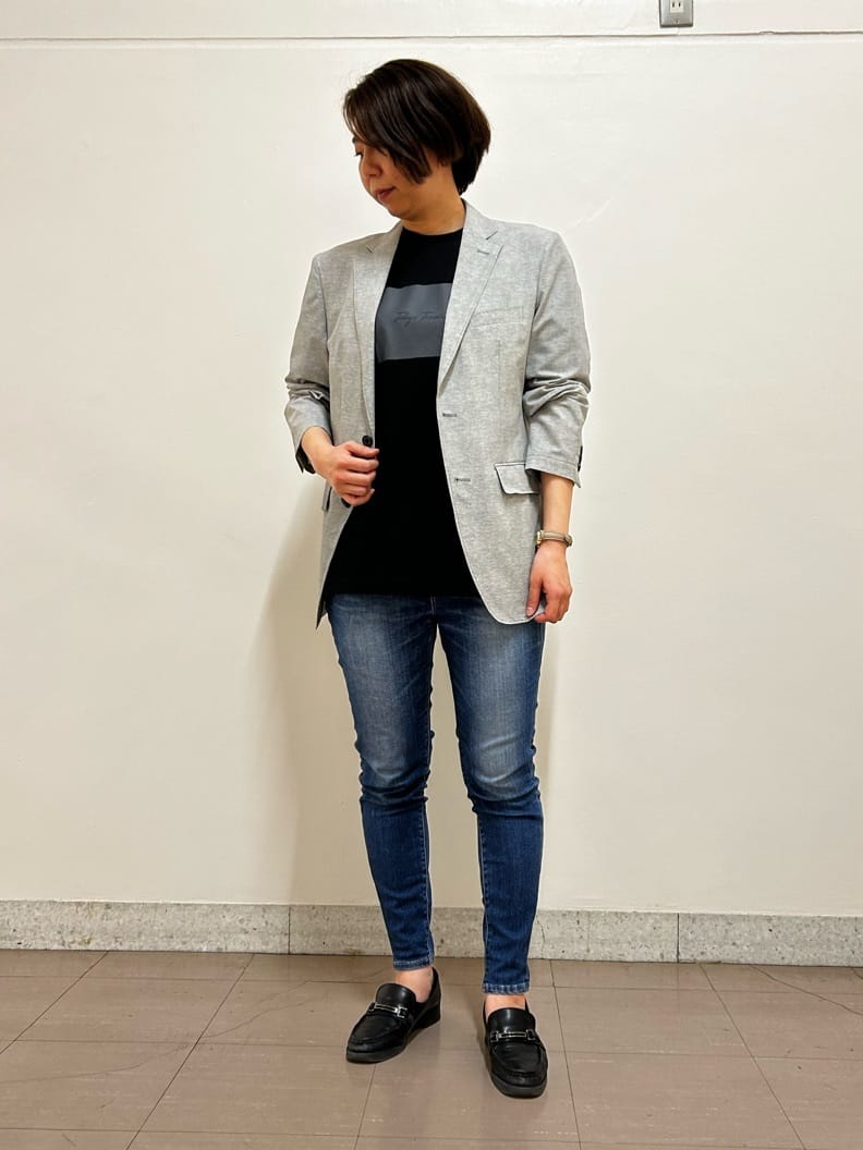 okaさんの「TAKEO KIKUCHI｜【抗菌防臭】COOL DOTS（R）ドビープリント ジャケット」を使ったコーディネート