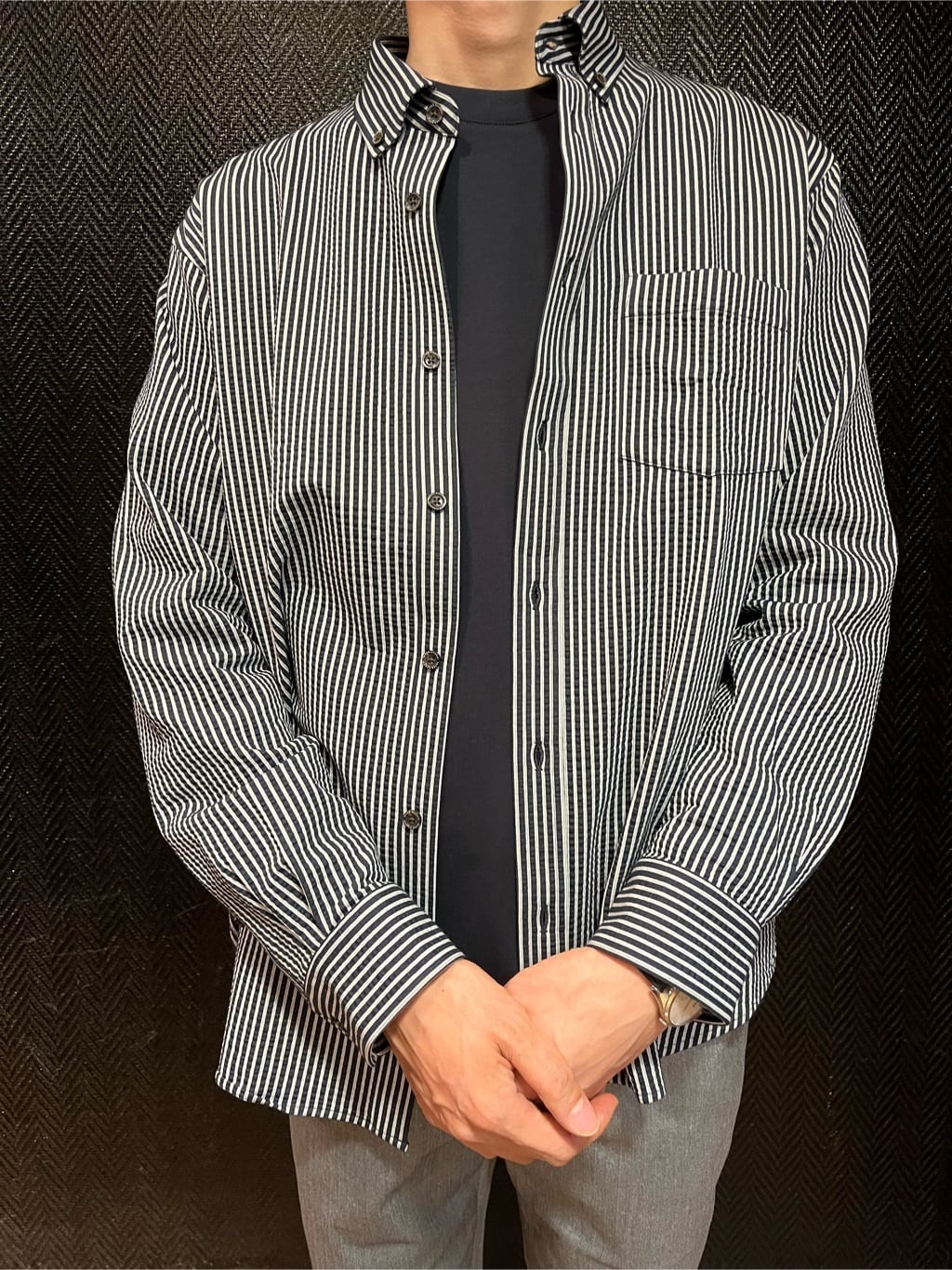 matsuさんの「TAKEO KIKUCHI｜【抗菌防臭/シーズンレス】シアサッカー ジャージシャツ」を使ったコーディネート