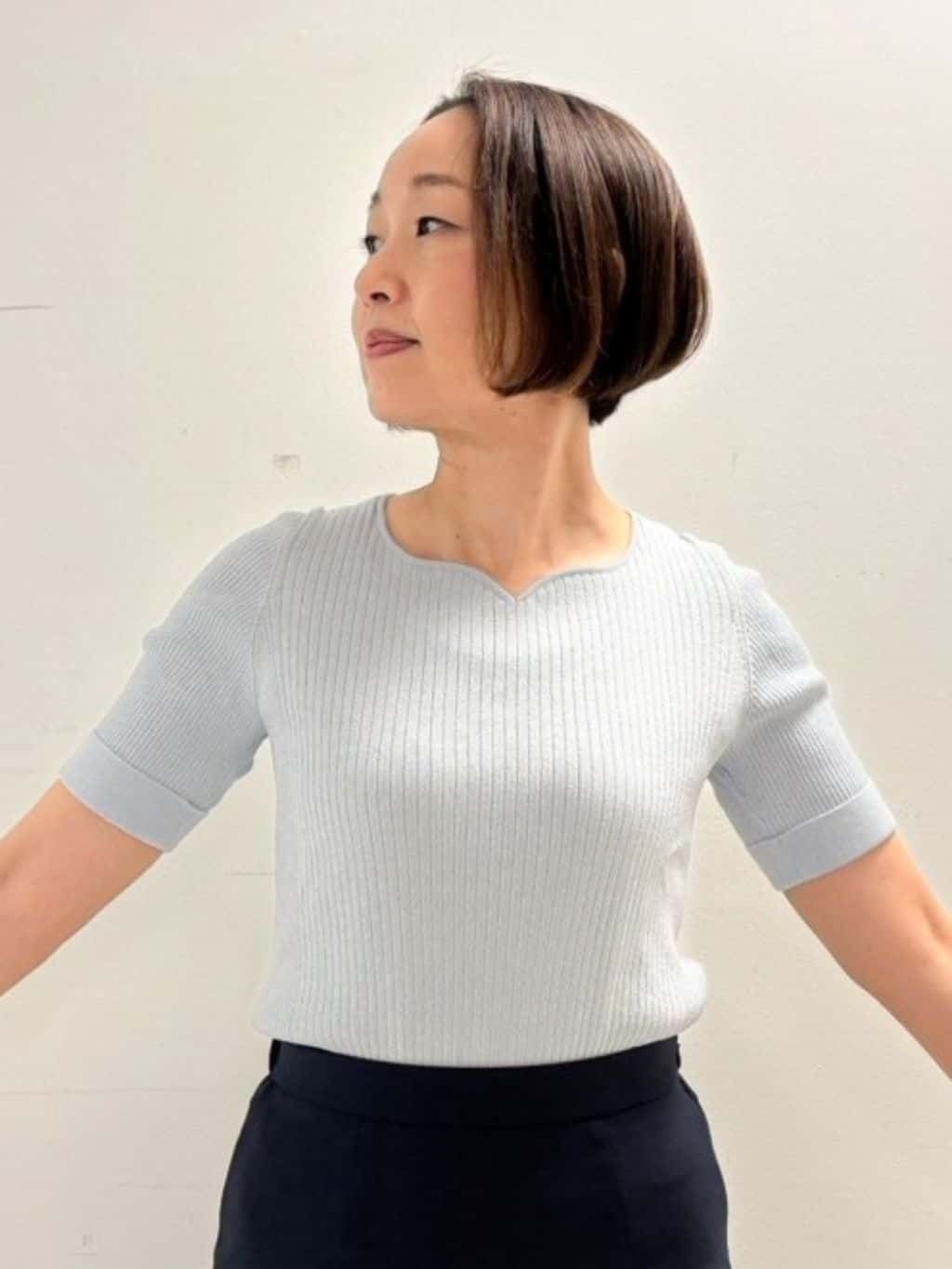 keikoさんの「COUP DE CHANCE｜【洗える／日本製／ハートネック】5分袖ラメ入りニットトップス」を使ったコーディネート