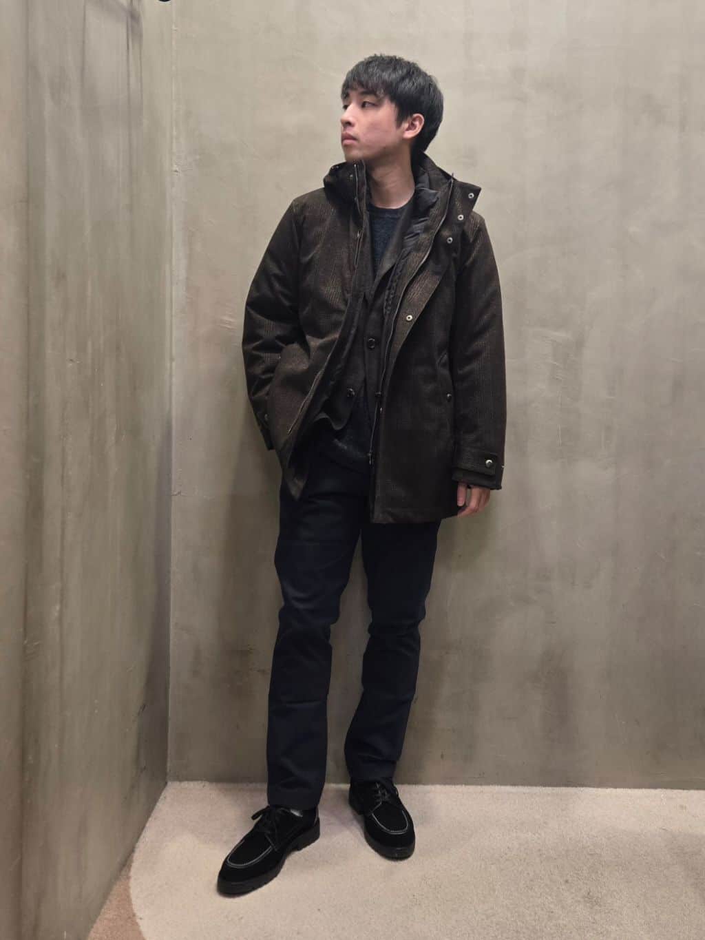 白木駆さんの「TAKEO KIKUCHI｜【3WAY】ジャカード グレンチェック ダウンライナー ブルゾン」を使ったコーディネート