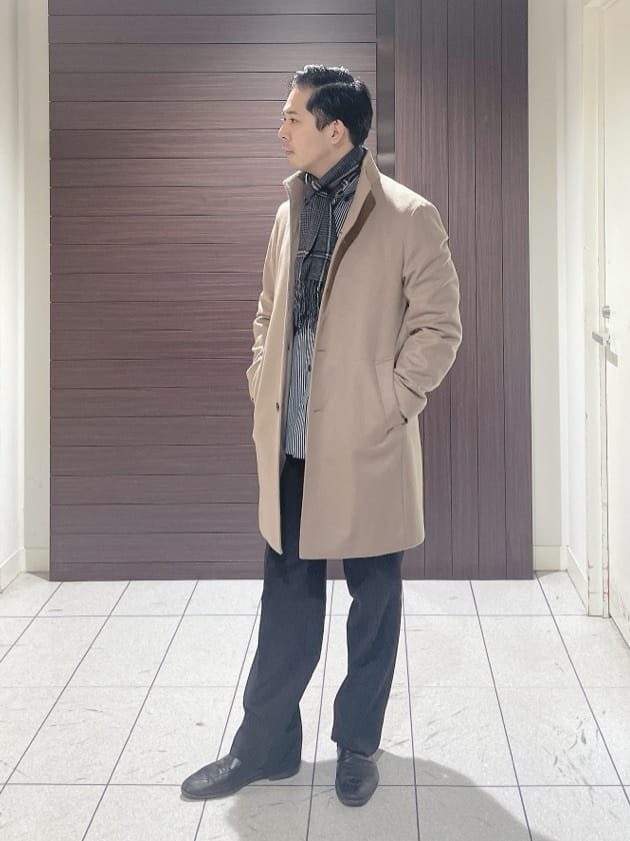 ToyoPさんの「TAKEO KIKUCHI｜【ウールカシミヤブレンド】ビーバー調 スタンドカラー コート」を使ったコーディネート