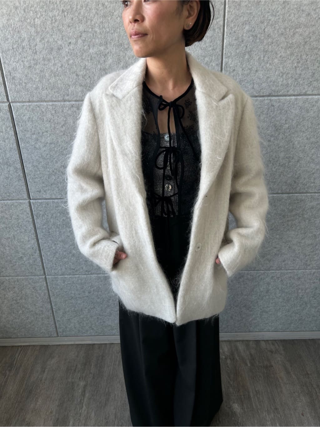 yukoさんの「CODE A｜shaggy jacket coat」を使ったコーディネート