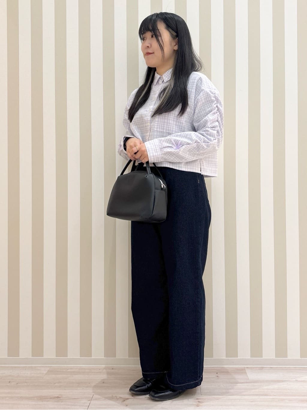 まろんさんの「SHOO･LA･RUE｜◆【洗える/100-150cm】お袖リボンがアクセント クロップド丈 チェックシャツ」を使ったコーディネート