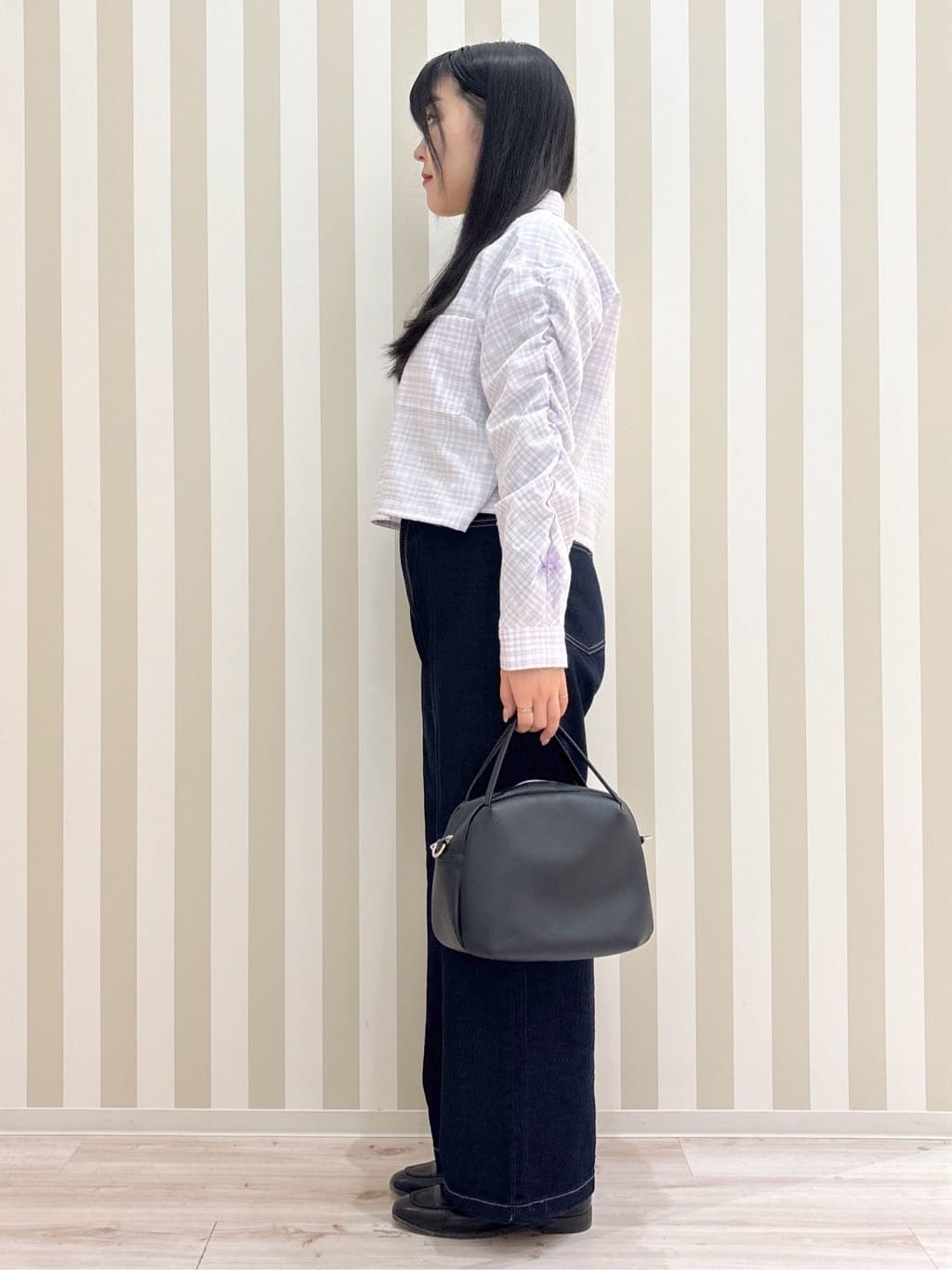 まろんさんの「SHOO･LA･RUE｜◆【洗える/100-150cm】お袖リボンがアクセント クロップド丈 チェックシャツ」を使ったコーディネート