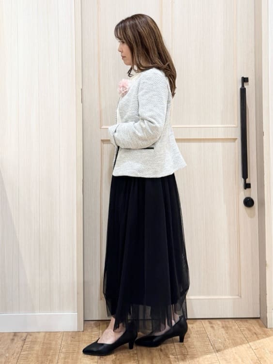 Y O k Oさんの「SHOO･LA･RUE｜◆【S-3L】セレモニーからデイリーにも 軽くて柔らかくて着心地の良い カットツイードジャケット」を使ったコーディネート
