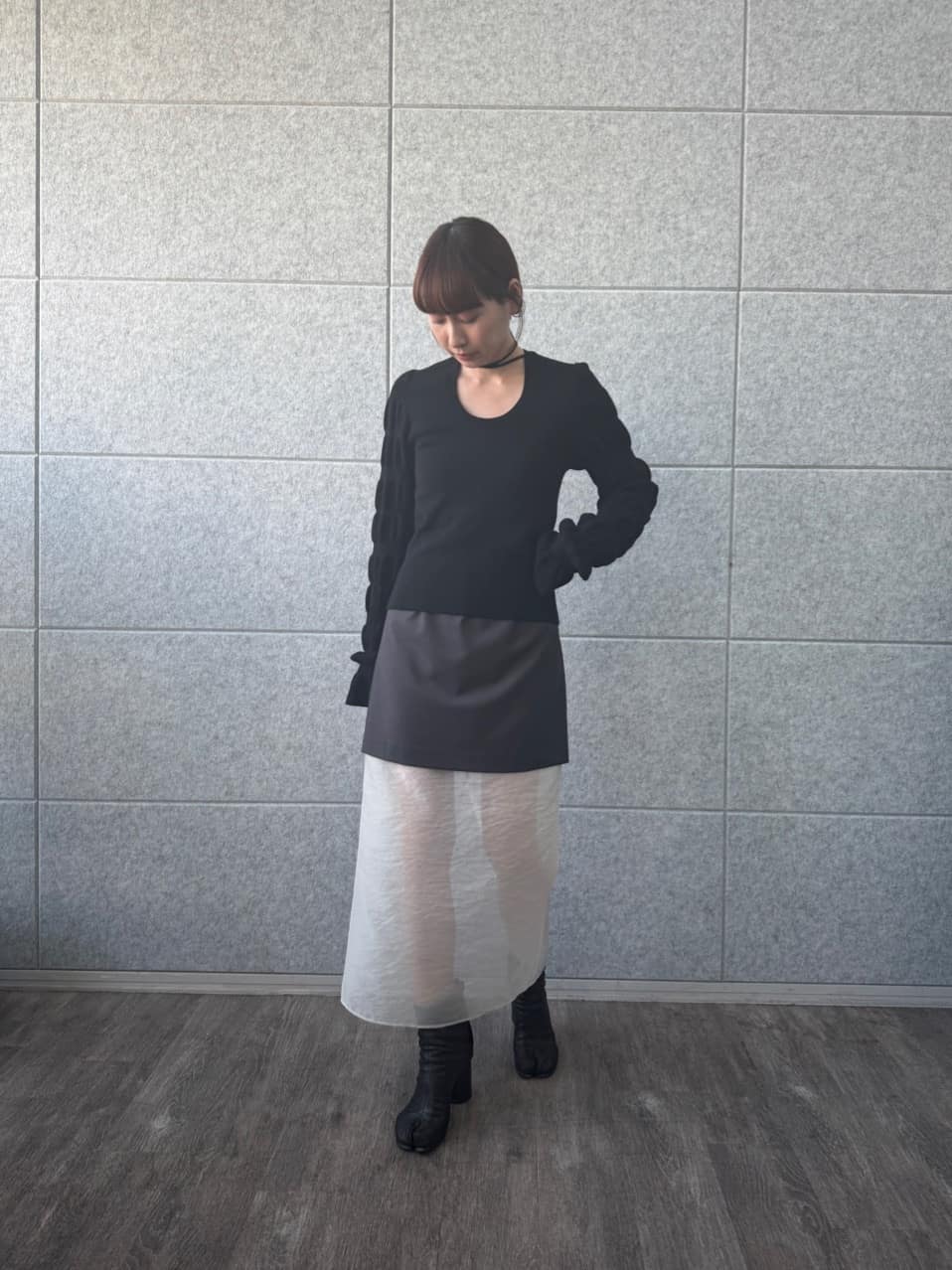 designer yukaさんの「CODE A｜gathered sleeves knit」を使ったコーディネート