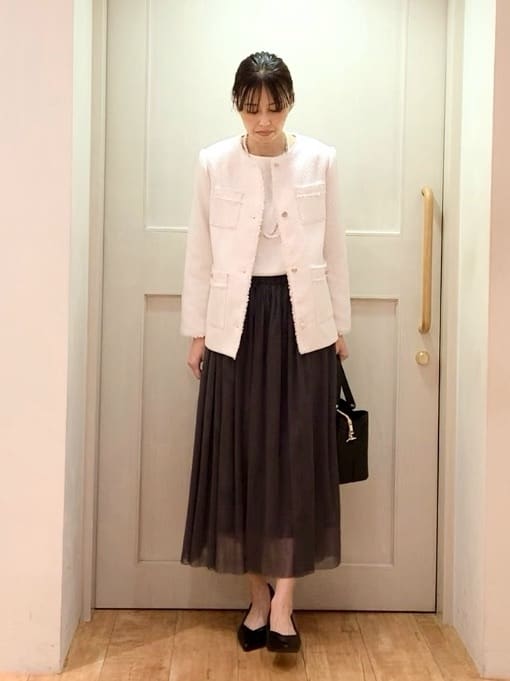 tamuさんの「SHOO･LA･RUE｜◆【S-3L/セレモニーからデイリーまで】フリンジツイードジャケット」を使ったコーディネート