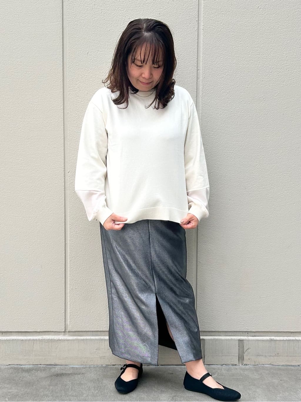naomiさんの「OPAQUE.CLIP｜◆ジョーゼット切替スリーブニット【洗濯機洗い可】」を使ったコーディネート