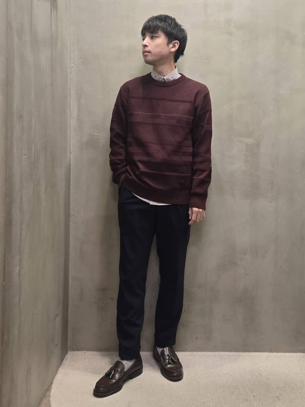 白木駆さんの「TAKEO KIKUCHI｜ハットモチーフ ジャカード ストライプ シャツ」を使ったコーディネート