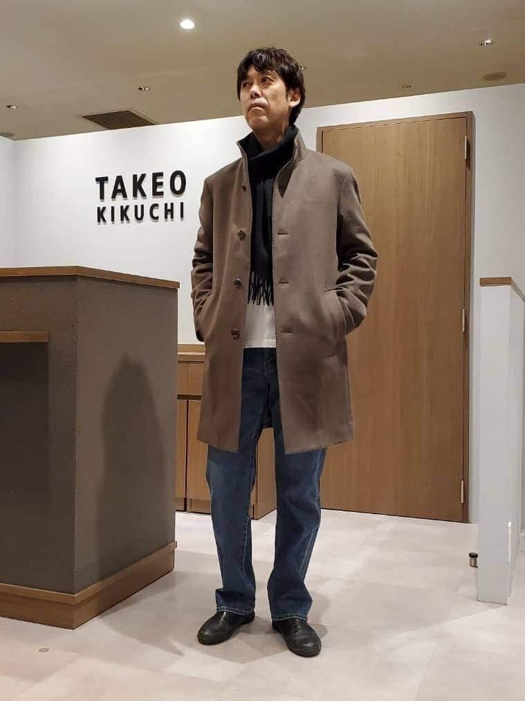 ishidaさんの「TAKEO KIKUCHI｜【ウールカシミヤブレンド】ビーバー調 スタンドカラー コート」を使ったコーディネート