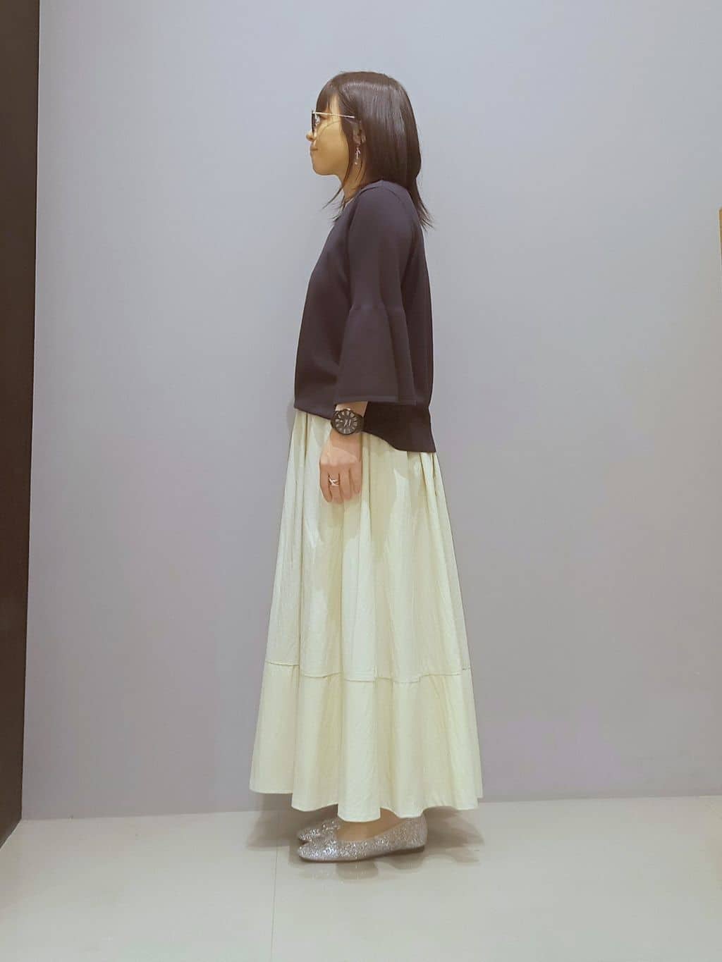 yukaさんの「THE SHOP TK｜◆【接触冷感/体型カバー】7分袖フレアニット/洗濯機OK/ＵＶケア」を使ったコーディネート