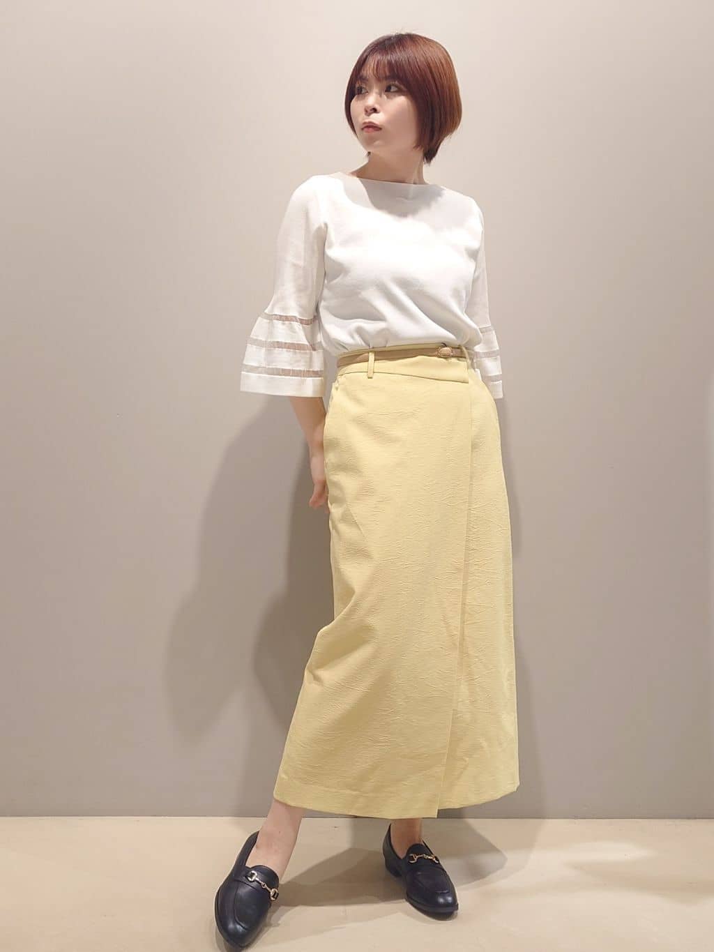 me：)さんの「OPAQUE.CLIP｜◆《6色展開》シアーボーダーフレアスリーブニット【洗濯機洗い可】」を使ったコーディネート