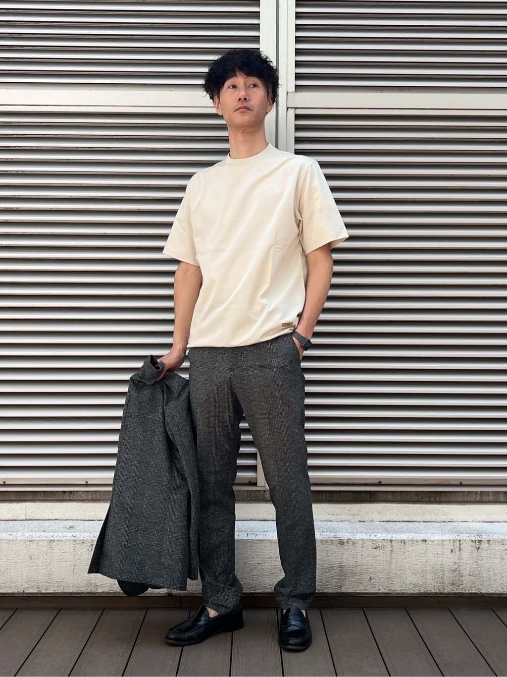 mutoさんの「TAKEO KIKUCHI｜【抗菌防臭】COOL DOTS（R）ドビープリント ジャケット」を使ったコーディネート