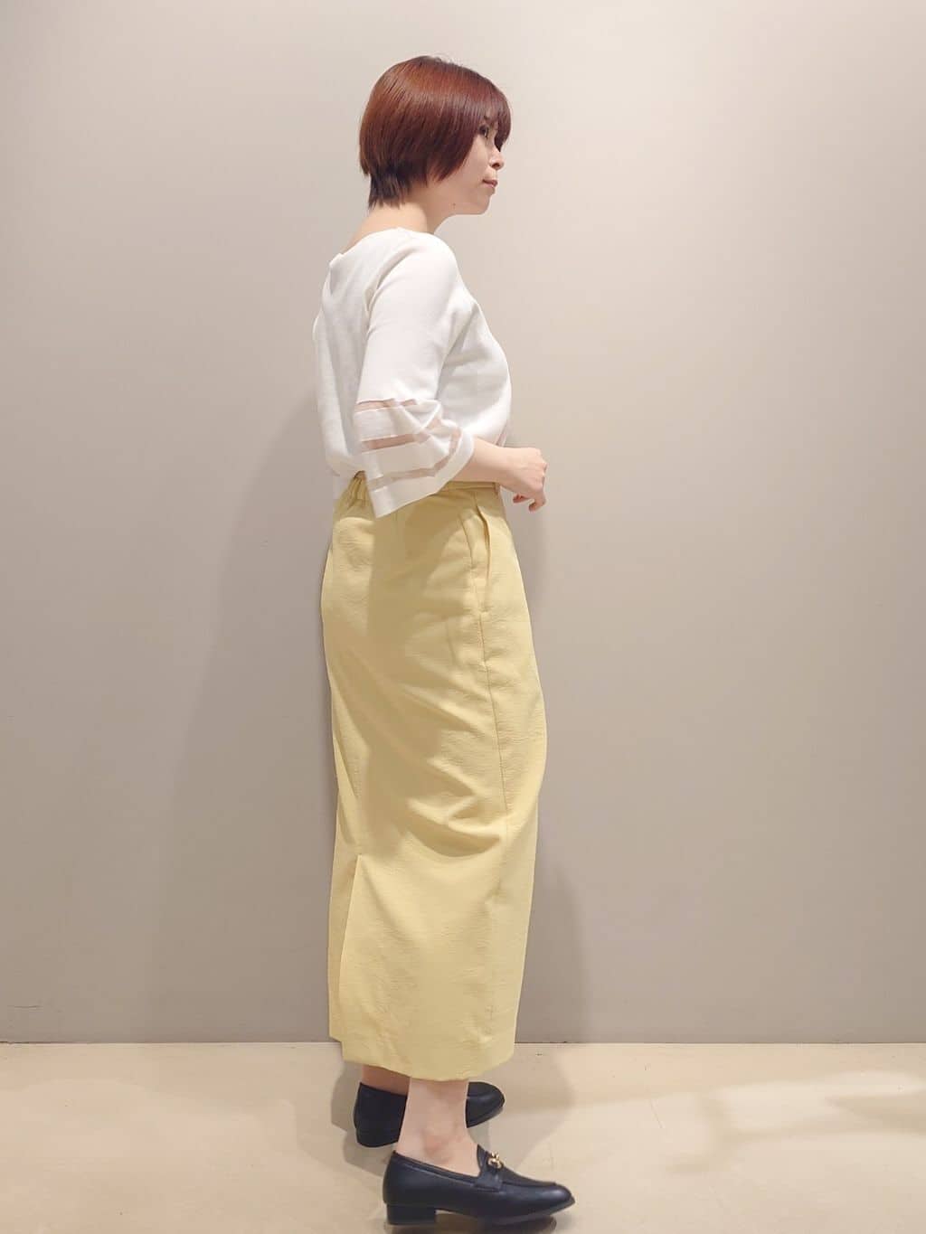 me：)さんの「OPAQUE.CLIP｜◆《6色展開》シアーボーダーフレアスリーブニット【洗濯機洗い可】」を使ったコーディネート