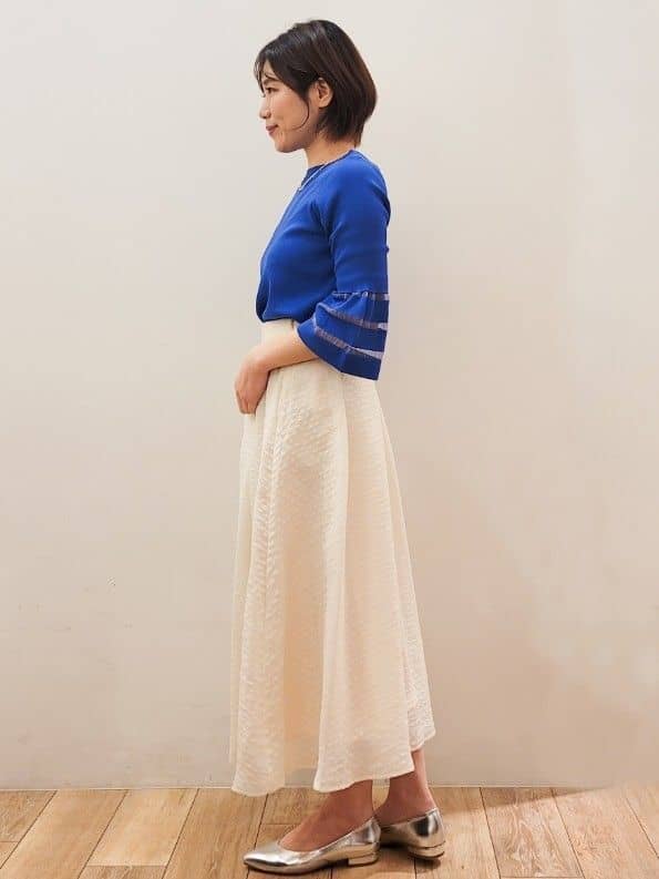 yuyuさんの「OPAQUE.CLIP｜◆《6色展開》シアーボーダーフレアスリーブニット【洗濯機洗い可】」を使ったコーディネート