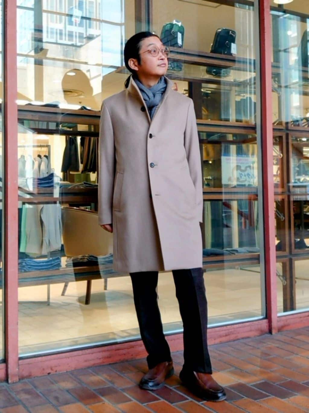 かしげるさんの「TAKEO KIKUCHI｜【ウールカシミヤブレンド】ビーバー調 スタンドカラー コート」を使ったコーディネート
