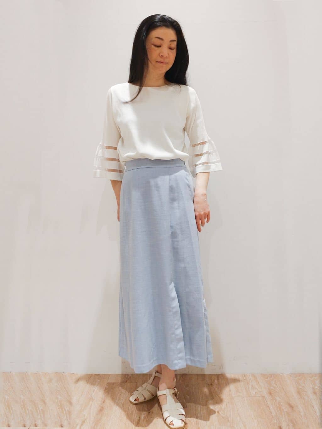 Ｑさんの「OPAQUE.CLIP｜◆《6色展開》シアーボーダーフレアスリーブニット【洗濯機洗い可】」を使ったコーディネート