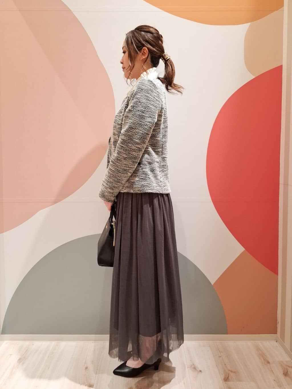 次女さんの「SHOO･LA･RUE｜◆【S-3L】セレモニーからデイリーにも 軽くて柔らかくて着心地の良い カットツイードジャケット」を使ったコーディネート