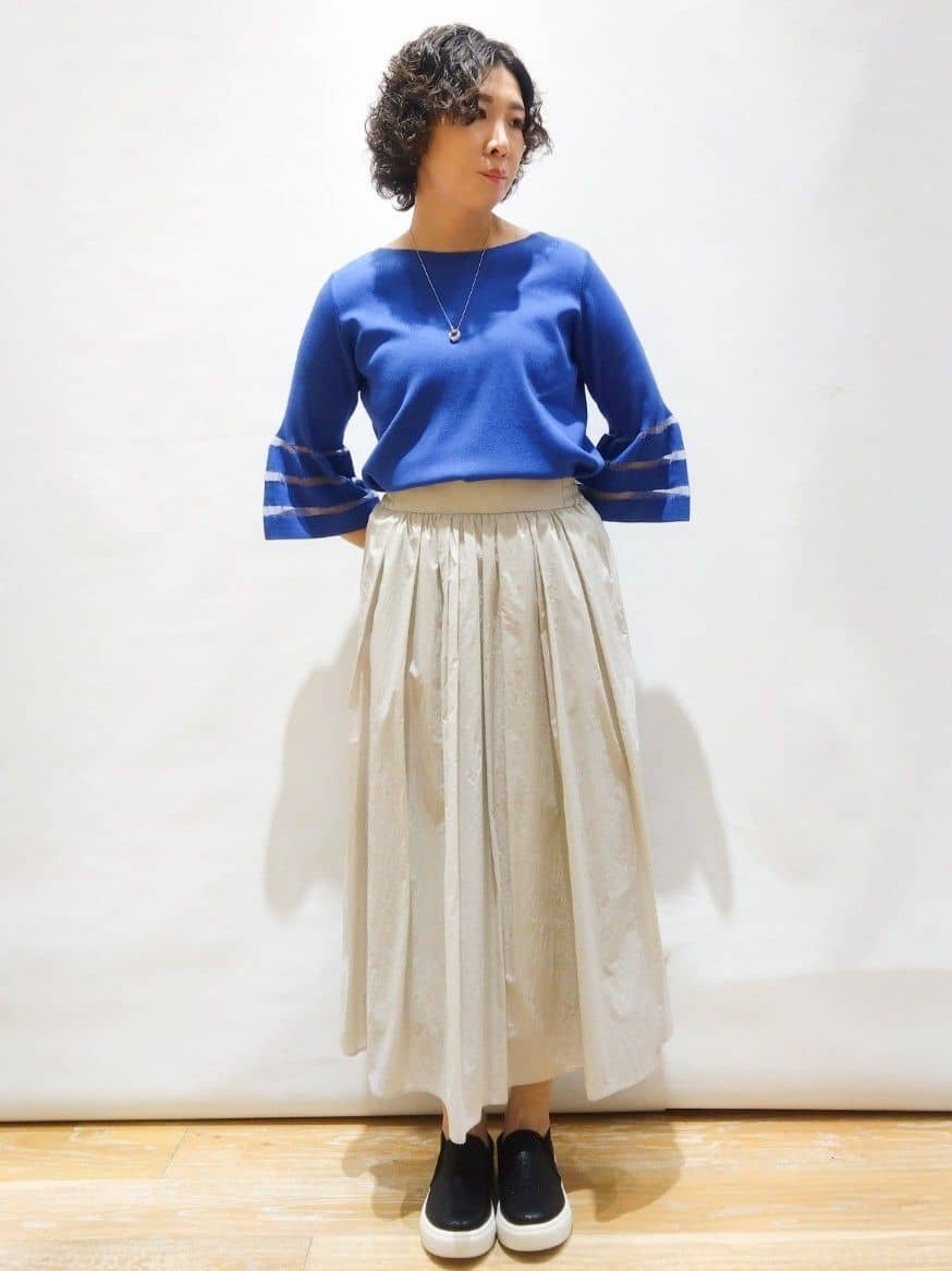ぽんさんの「OPAQUE.CLIP｜◆《6色展開》シアーボーダーフレアスリーブニット【洗濯機洗い可】」を使ったコーディネート