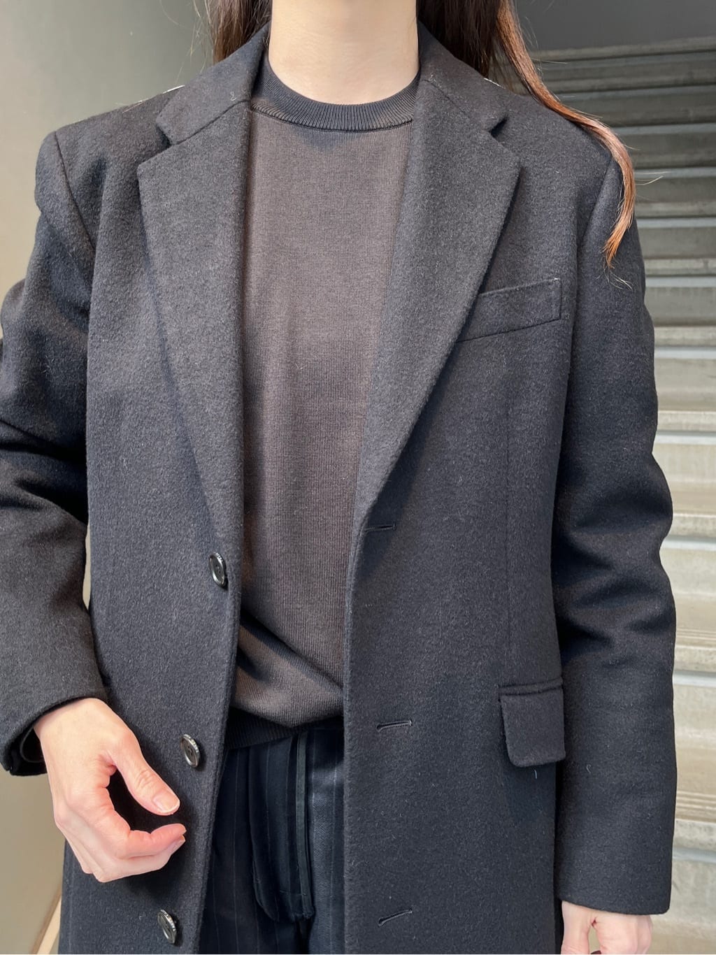 神野（jinno）さんの「TAKEO KIKUCHI｜ウールカシミヤブレンド チェスターコート」を使ったコーディネート