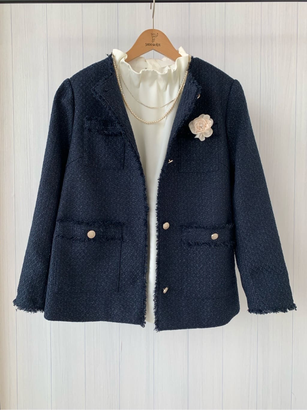 misaさんの「SHOO･LA･RUE｜◆【S-3L/セレモニーからデイリーまで】フリンジツイードジャケット」を使ったコーディネート