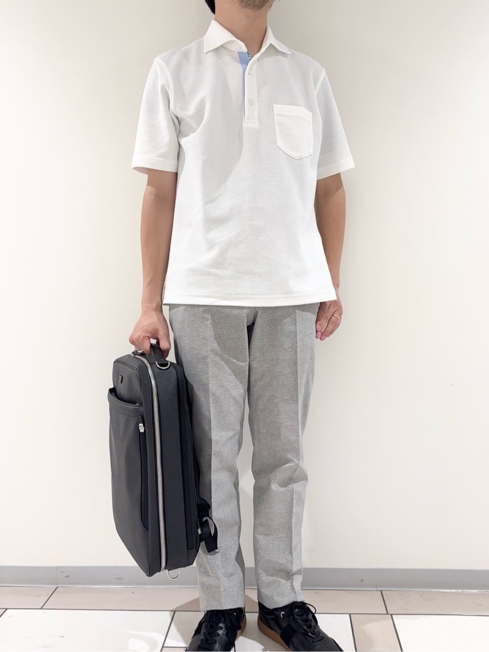 及川さんの「TAKEO KIKUCHI｜【抗菌防臭／9色5サイズ展開】ハニカムメランジ ポロシャツ」を使ったコーディネート