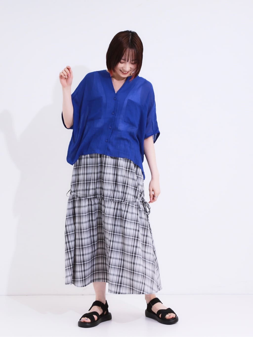 𝐜𝐡𝐢𝐤𝐚さんの「SHOO･LA･RUE｜【S-LL】シルエットが変えられる チェック柄リボンフレアスカート」を使ったコーディネート