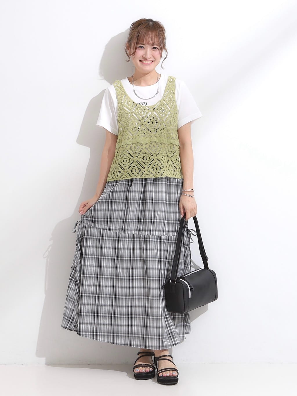ゆゆさんの「SHOO･LA･RUE｜【S-LL】シルエットが変えられる チェック柄リボンフレアスカート」を使ったコーディネート