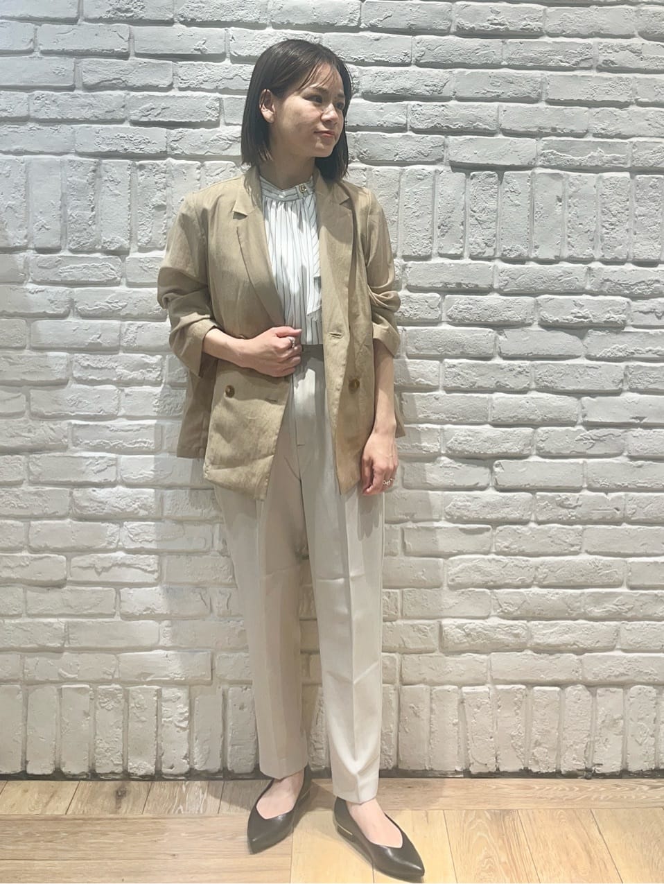 がんさんの「index｜麻調シアーダブルブレストテーラードジャケット【洗濯機洗い可】」を使ったコーディネート