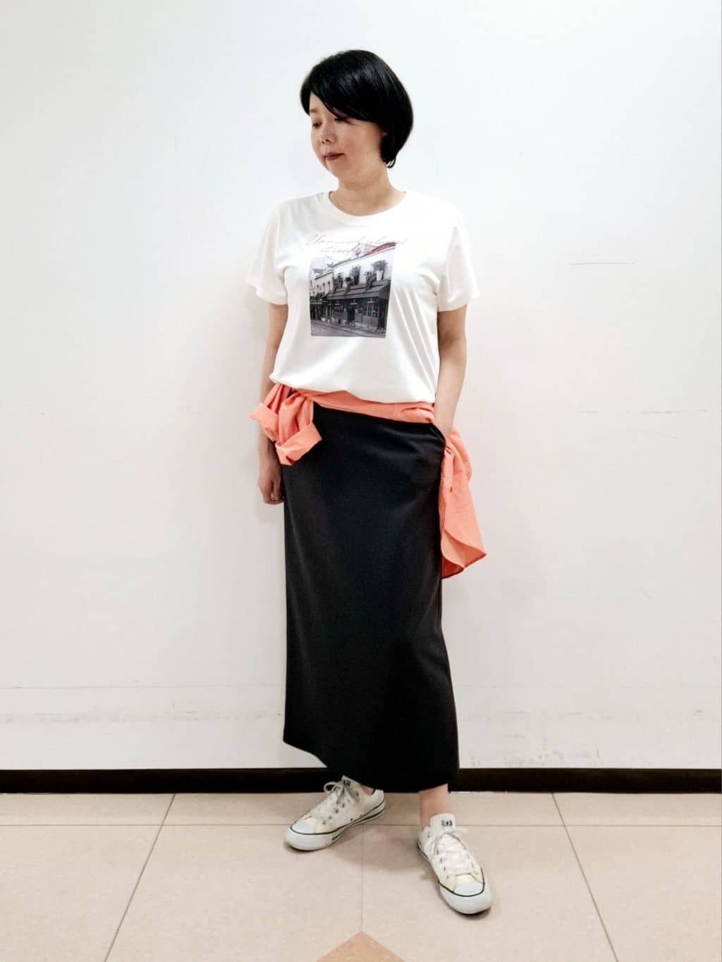 ねぎさんの「UNTITLED｜【後ろウエストゴム/ストレッチ性/オンオフ】ジャージナロースカート」を使ったコーディネート