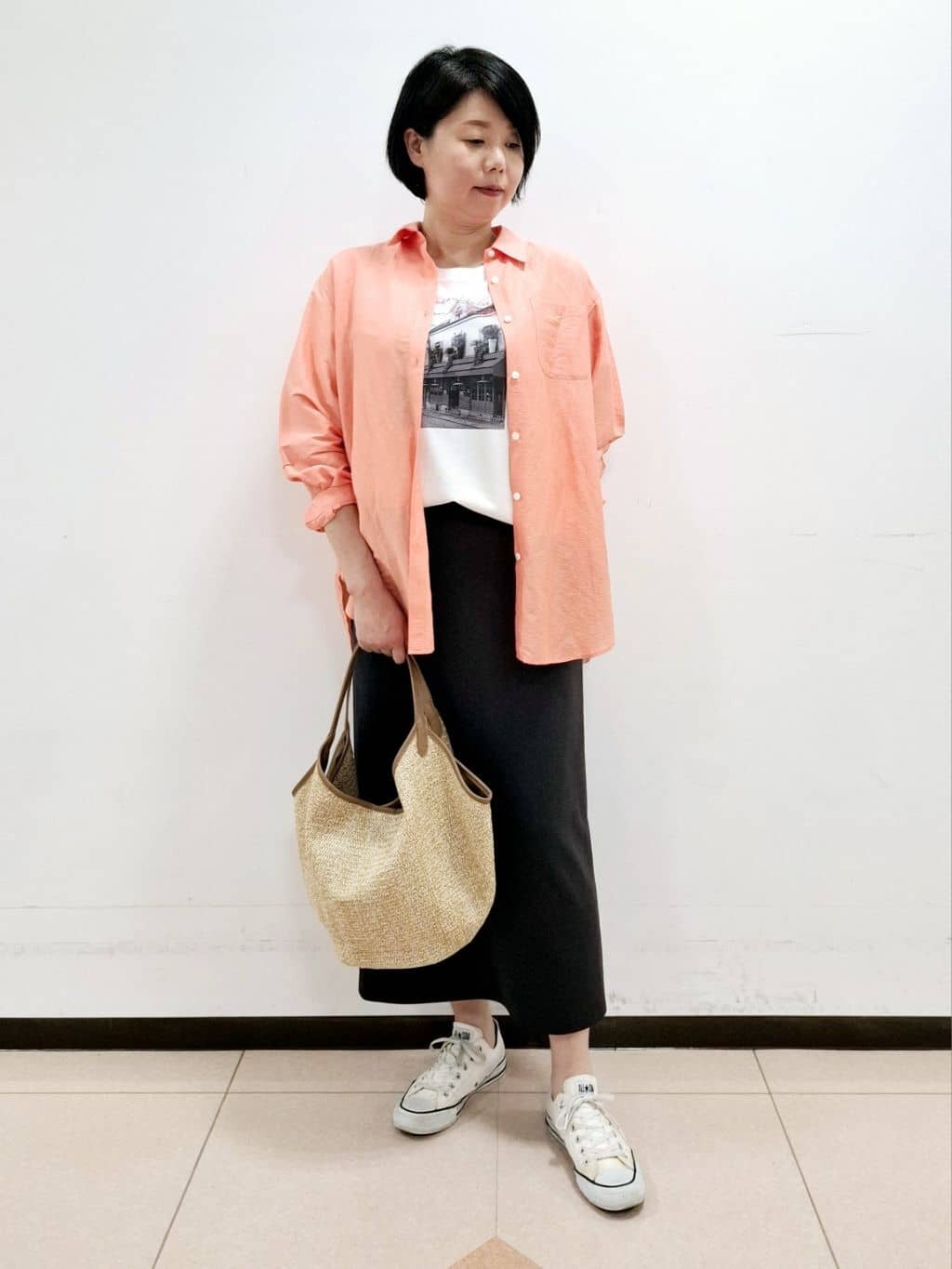 ねぎさんの「UNTITLED｜【後ろウエストゴム/ストレッチ性/オンオフ】ジャージナロースカート」を使ったコーディネート