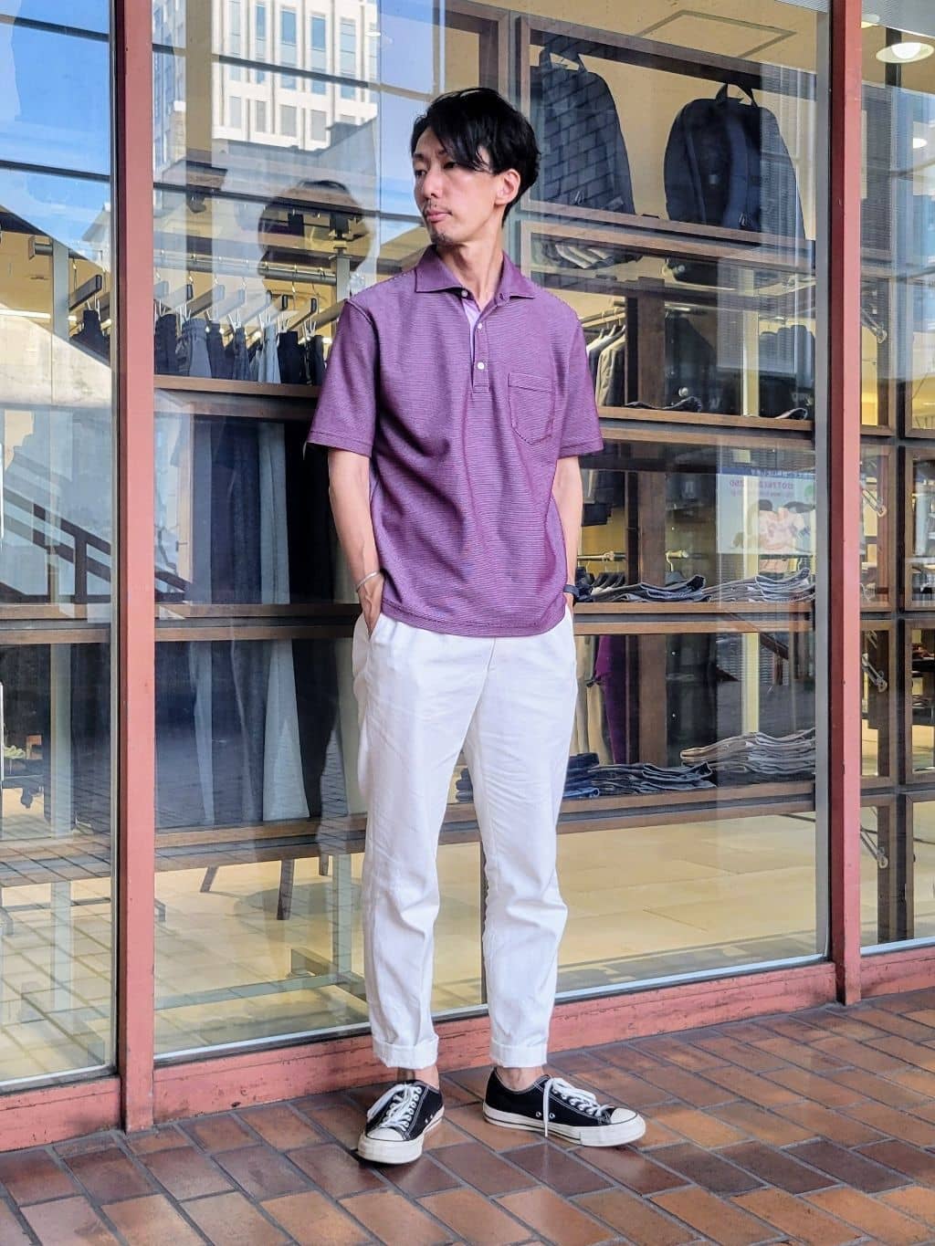 piroyaさんの「TAKEO KIKUCHI｜【抗菌防臭／9色5サイズ展開】ハニカムメランジ ポロシャツ」を使ったコーディネート