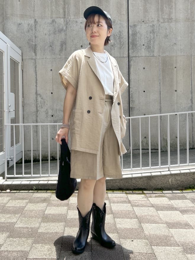 ga_riさんの「THE SHOP TK｜◆リネン混半袖テーラージャケット【洗える/セットアップ可】」を使ったコーディネート