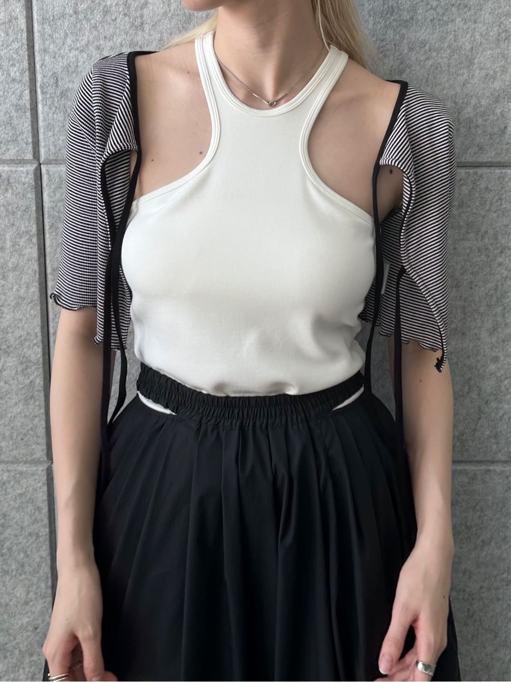 honoka Aさんの「CODE A｜chic border 2way ribbon cardigan」を使ったコーディネート