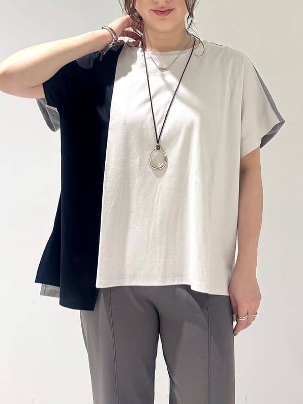 そんさんの「INDIVI｜【洗える／汗ジミ防止】バイカラー＆アシメヘム Tシャツ」を使ったコーディネート