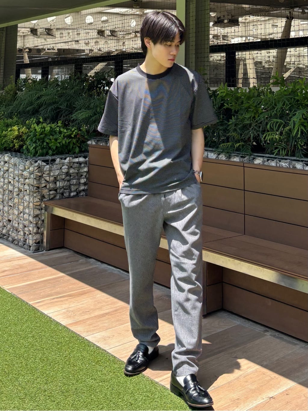 うらしーさんの「THE SHOP TK｜パーフェクテックボーダー 半袖Tシャツ 吸水速乾／洗濯機OK」を使ったコーディネート