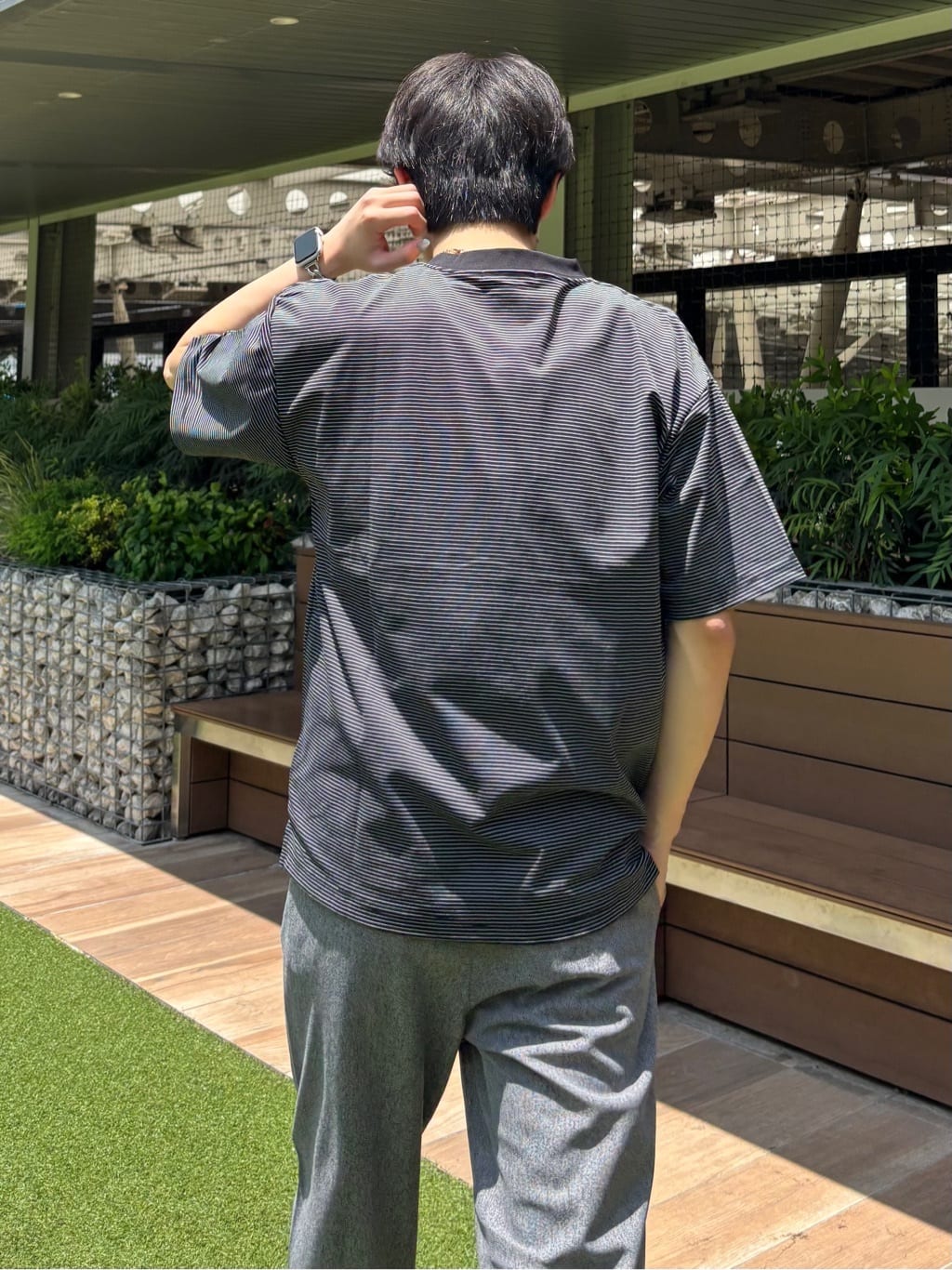うらしーさんの「THE SHOP TK｜パーフェクテックボーダー 半袖Tシャツ 吸水速乾／洗濯機OK」を使ったコーディネート