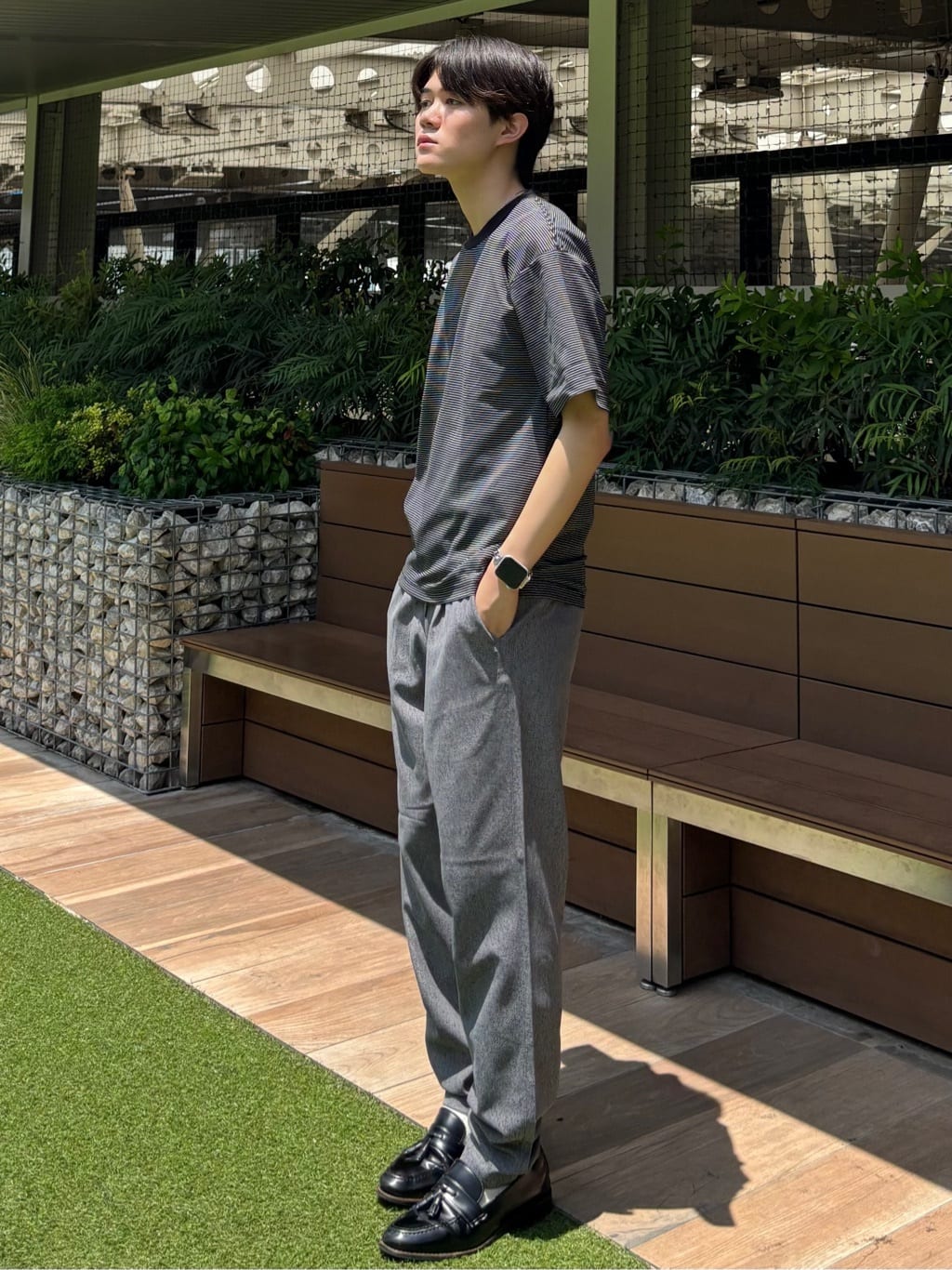 うらしーさんの「THE SHOP TK｜パーフェクテックボーダー 半袖Tシャツ 吸水速乾／洗濯機OK」を使ったコーディネート