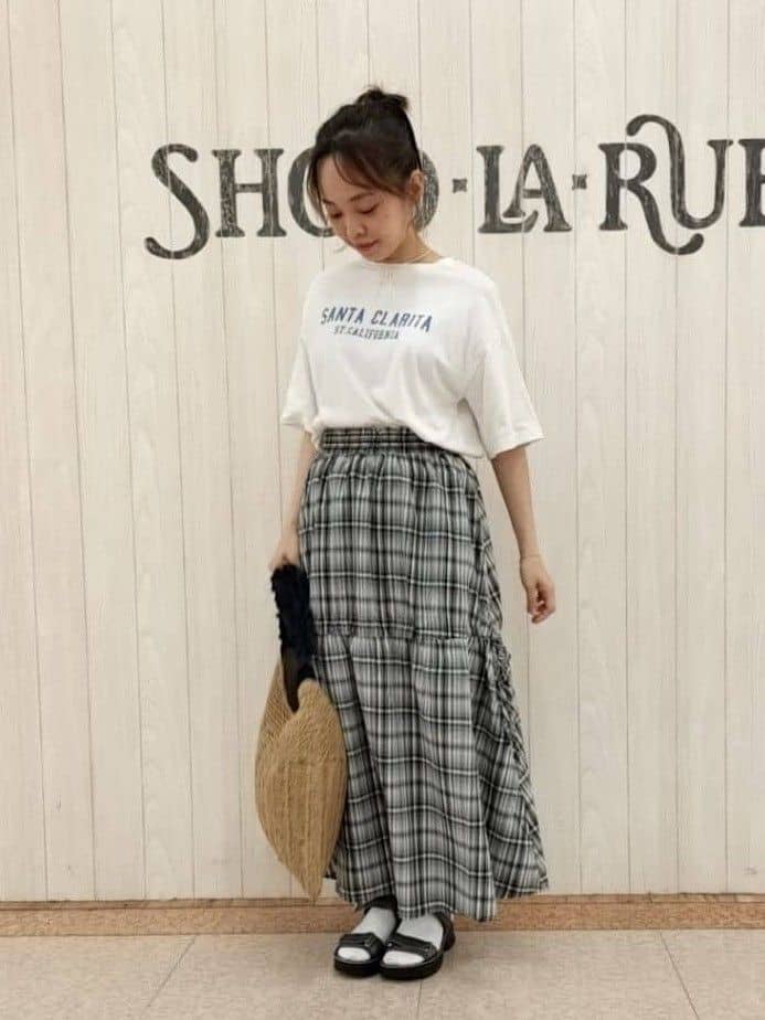 masamiさんの「SHOO･LA･RUE｜【S-LL】シルエットが変えられる チェック柄リボンフレアスカート」を使ったコーディネート
