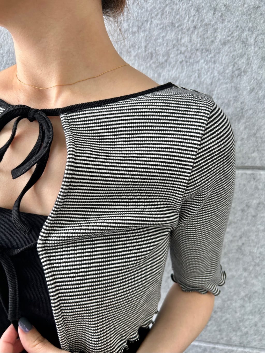 harunaさんの「CODE A｜chic border 2way ribbon cardigan」を使ったコーディネート