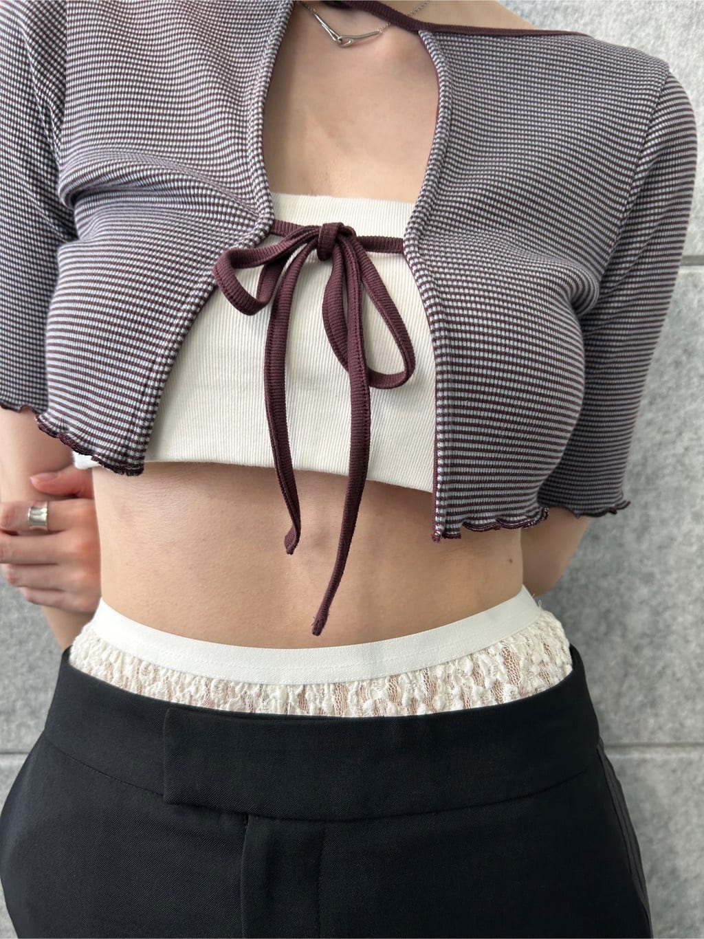 honoka Aさんの「CODE A｜chic border 2way ribbon cardigan」を使ったコーディネート