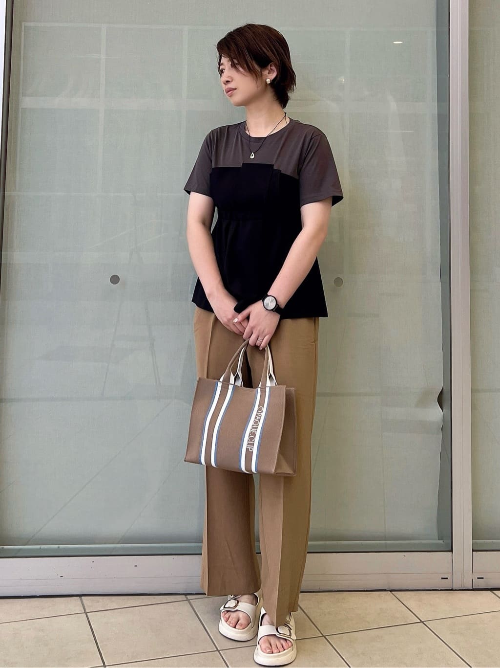 yo-koさんの「OPAQUE.CLIP｜タックビスチェドッキングカットソー【洗濯機洗い可】」を使ったコーディネート
