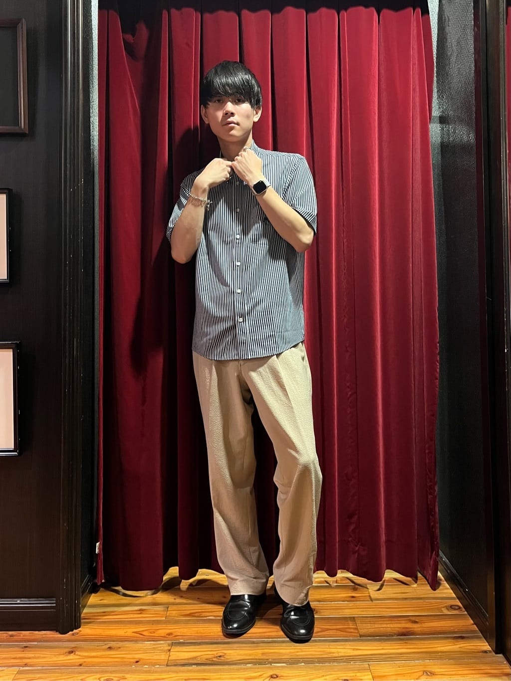 うっちーさんの「TAKEO KIKUCHI｜【COOL CITY WEAR】ストライプジャージ ボタンダウンシャツ /接触冷感」を使ったコーディネート