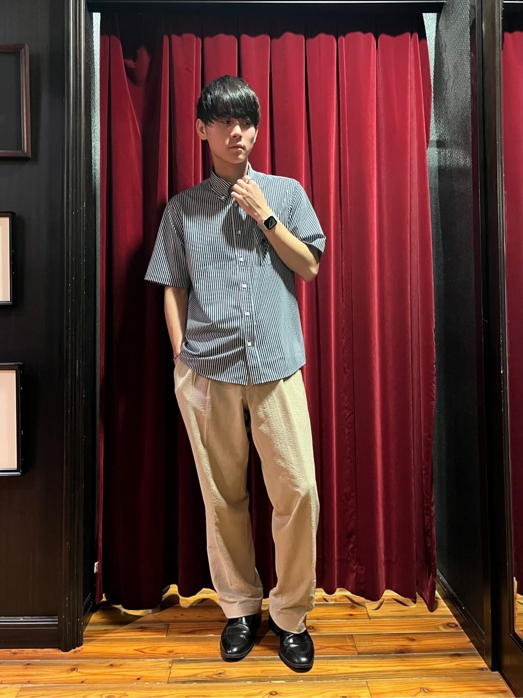 うっちーさんの「TAKEO KIKUCHI｜【COOL CITY WEAR】ストライプジャージ ボタンダウンシャツ /接触冷感」を使ったコーディネート