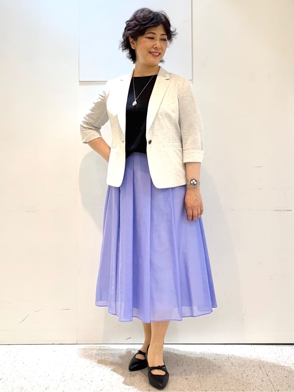 ヤスコさんの「Reflect｜【マシンウォッシュ可／セットアップ可】シアーボックスタックプリーツスカート」を使ったコーディネート
