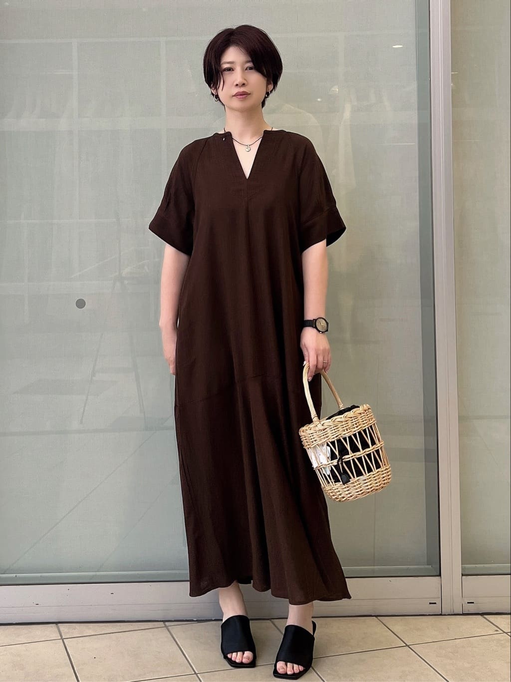 yo-koさんの「OPAQUE.CLIP｜レーヨン麻キーネックワンピース【洗える】」を使ったコーディネート