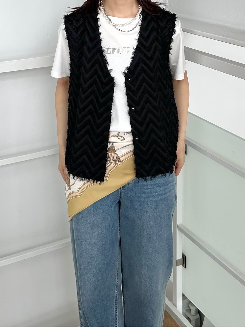 RINAさんの「OPAQUE.CLIP｜フリンジジャカードベスト【洗濯機洗い可】」を使ったコーディネート