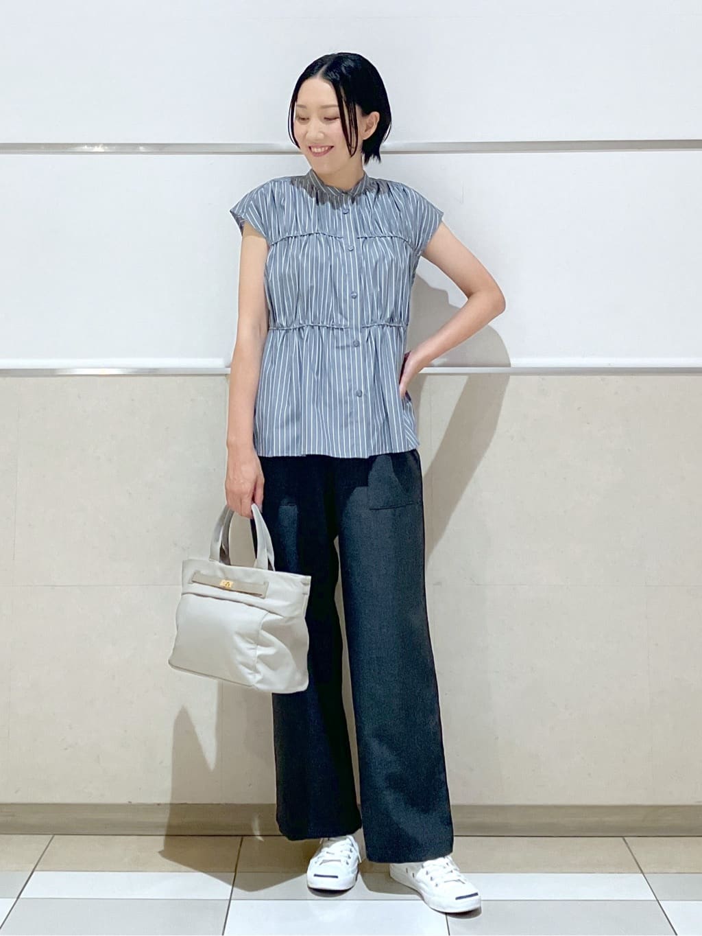eriko さんの「Dessin｜【洗える】ストライプ柄ギャザーブラウス」を使ったコーディネート