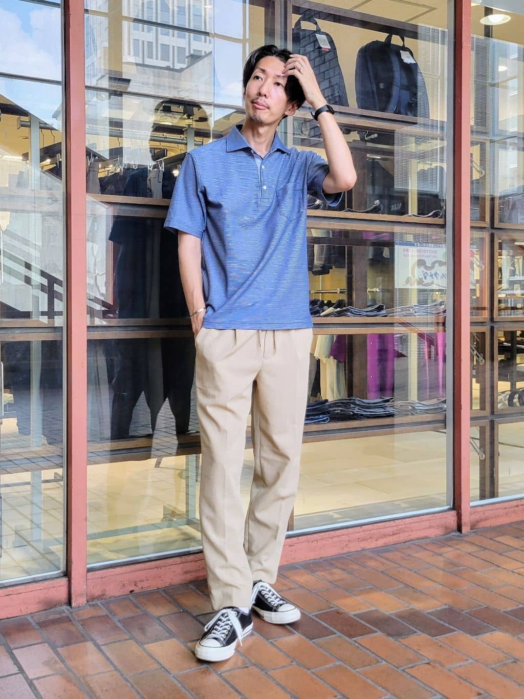 piroyaさんの「TAKEO KIKUCHI｜【抗菌防臭／9色5サイズ展開】ハニカムメランジ ポロシャツ」を使ったコーディネート