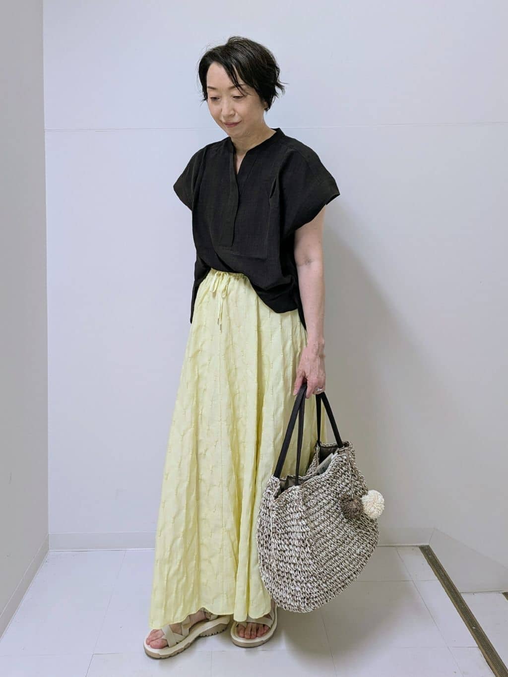 Asaさんの「Dessin｜【2点セット/ウエストゴム/洗える】スキッパ―シャツ＆ストレートパンツセット」を使ったコーディネート